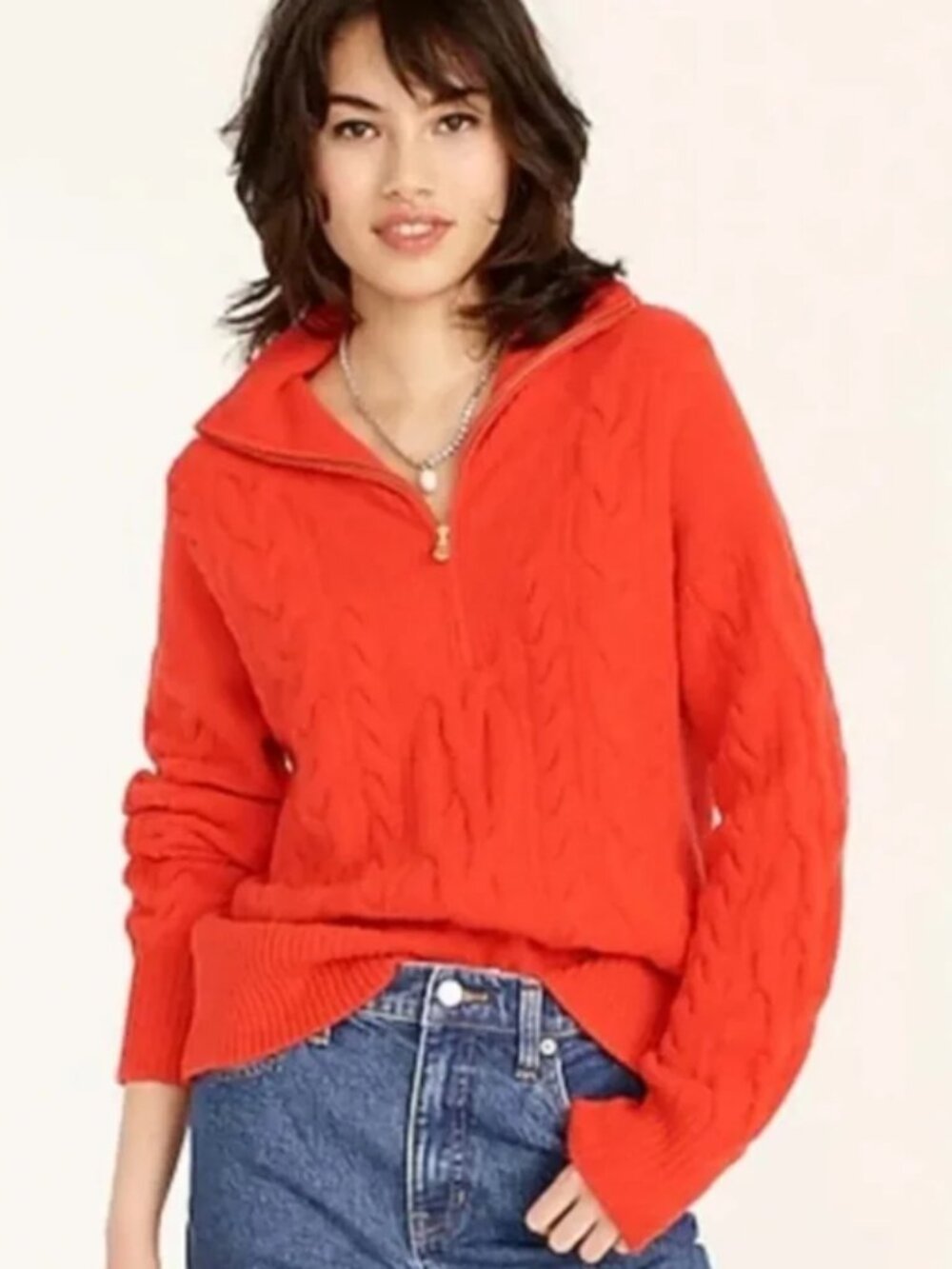 J crew cable knit half zip sweater super soft yarn bright cerise